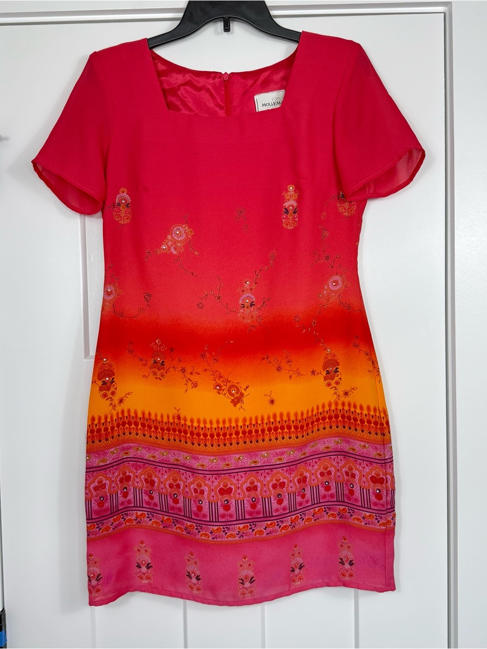 Molly Malloy Petite Sheath Dress Square Neck Border Print Red Pink Size 6